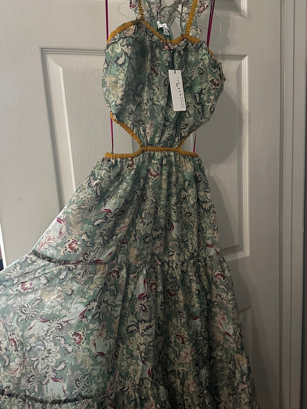 Current Air Green Floral Backless Maxi Dress with Mustard Trim
